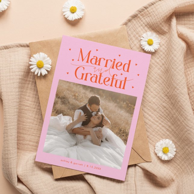 Carte De Remerciements Married & Grateful Wedding Photo Orange Pink (Créateur téléchargé)