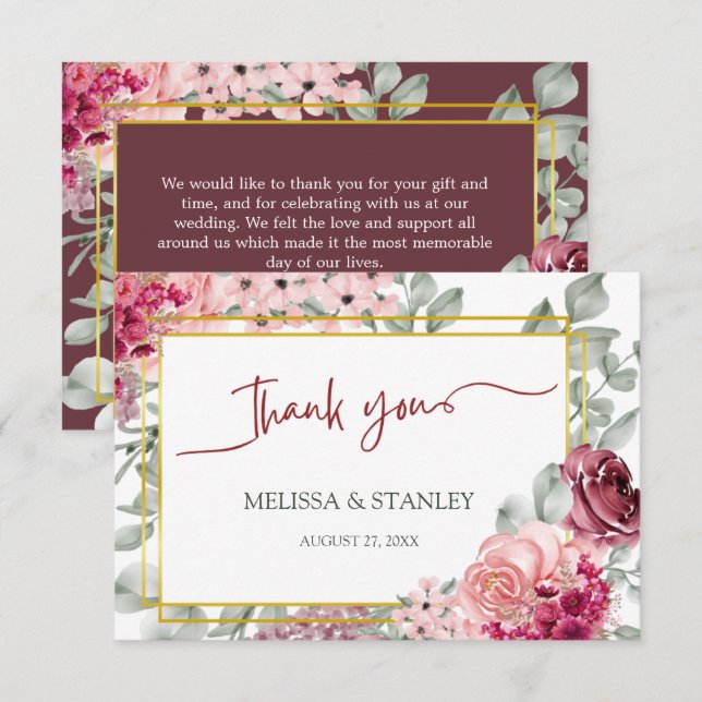 Carte De Remerciements Marsala de Bourgogne rustique et Mariage floral ro (Devant / Derrière)