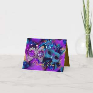 Carte De Remerciements Masque de masques bleu et or violet