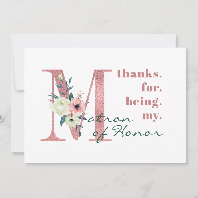 Carte De Remerciements Matron d'honneur rose Floral Lettre Mariage (Devant)