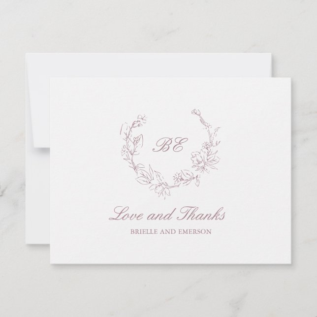 Carte De Remerciements Mauve Wreath Monogramme Photo Mariage élégant (Devant)