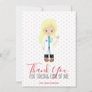 Carte De Remerciements Médecin Blonde Docteur Typographie Rouge Pointe