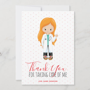 Carte De Remerciements Médecine Ginger Femme docteur Red Script Polka Dot