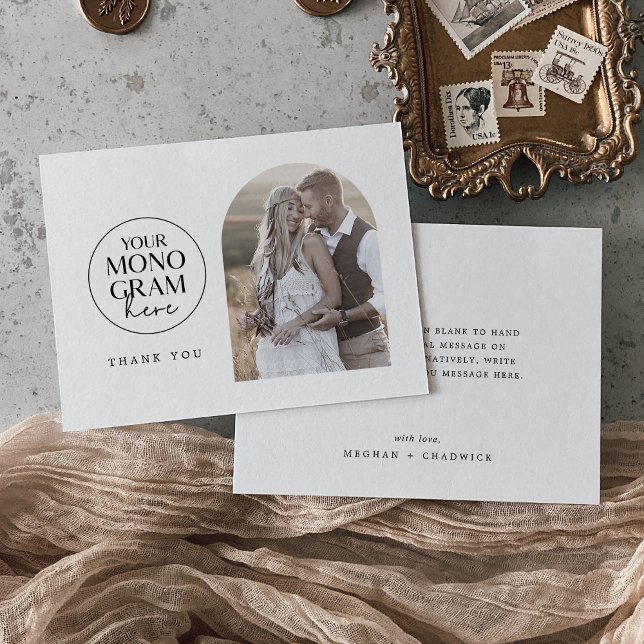 Carte De Remerciements MEGHAN Flat Monogramme noir blanc photo Mariage (MEGHAN Flat Monogram Black White Photo Wedding Thank You Card)