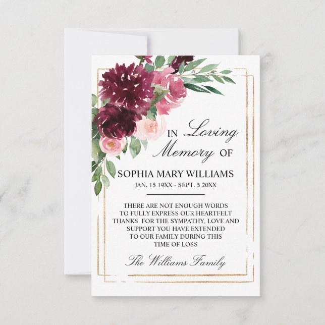 Carte De Remerciements Mémoire de sympathie florale bohème Bourgogne (Devant)