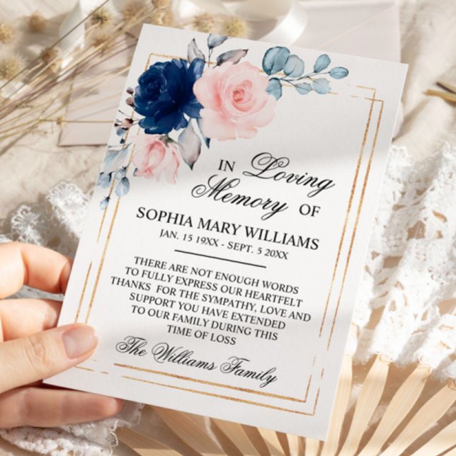 Carte De Remerciements Mémoire Sympathique bleu marine et rose pâle (Créateur téléchargé)