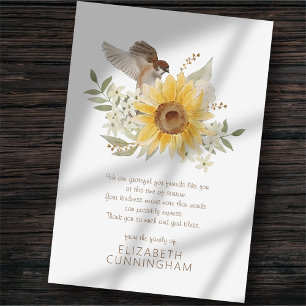 Carte De Remerciements Mémorial Aquarelle Oiseau et tournesols Botaniques