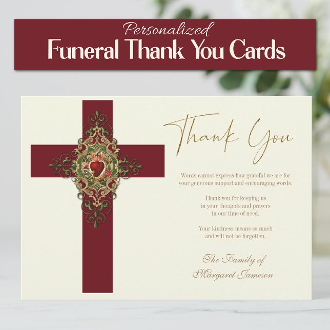 Carte De Remerciements Mémorial funéraire de la Croix du Sacré-Coeur cath (Traditional Catholic Sacred Heart of Jesus Funeral Thank you Condolence Cards)