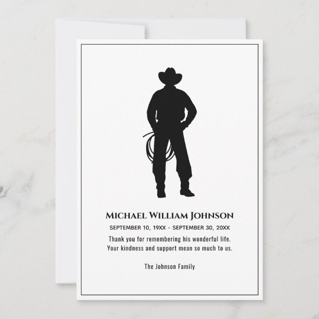 Carte De Remerciements Mémorial funéraire noir et blanc Cowboy Lasso (Devant)