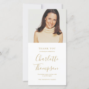 Carte De Remerciements Memorial Funeral Elegant Gold Script Photo