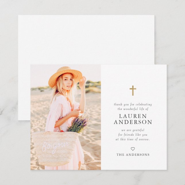 Carte De Remerciements Memorial Funeral Modern Simple Chic Gold Cross (Devant / Derrière)