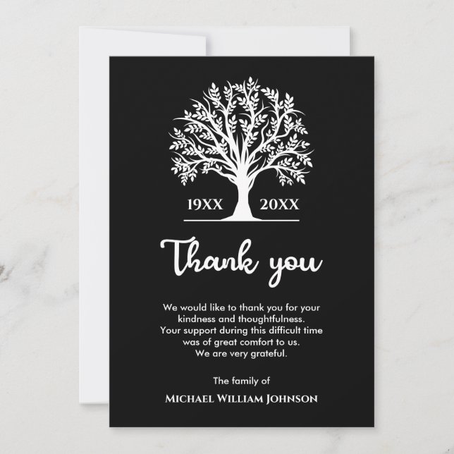 Carte De Remerciements Memorial Funeral Tree of Life Noir Et Blanc (Devant)