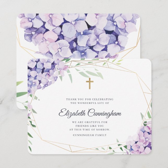 Carte De Remerciements Mémorial géométrique floral de Hydrangea Lilac (Devant / Derrière)