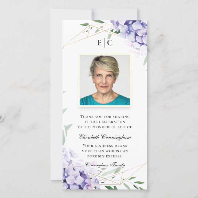 Carte De Remerciements Mémorial géométrique floral de Hydrangea Lilac (Devant)