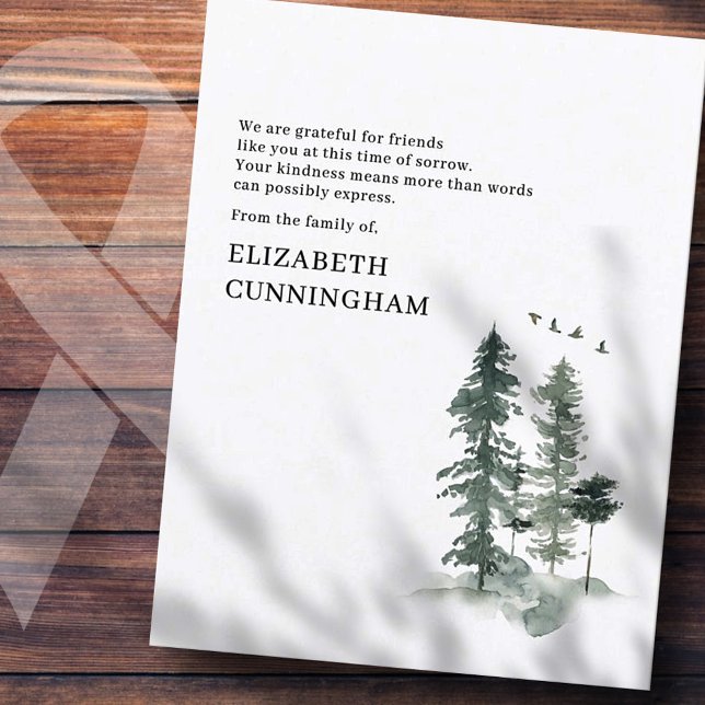 Carte De Remerciements Mémorial Moderne Aquarelle Verdure Forêt de pins (Créateur téléchargé)