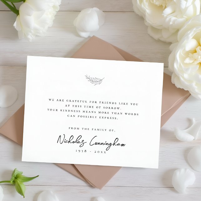 Carte De Remerciements Mémorial Moderne Simple Élégant Feuille Noir & Bla (Créateur téléchargé)