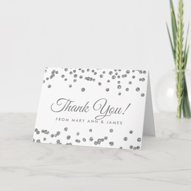 Carte De Remerciements "Merci" Argent Faux Parties scintillant Confetti B (Devant)