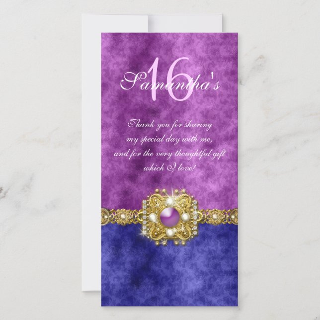 Carte De Remerciements "merci" "sweet sixteen" perles bleu violet (Devant)