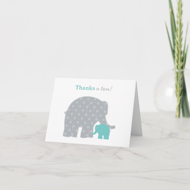 Carte De Remerciements Mère et bébé Eléphant Douche Aqua bleu et gris (Devant)