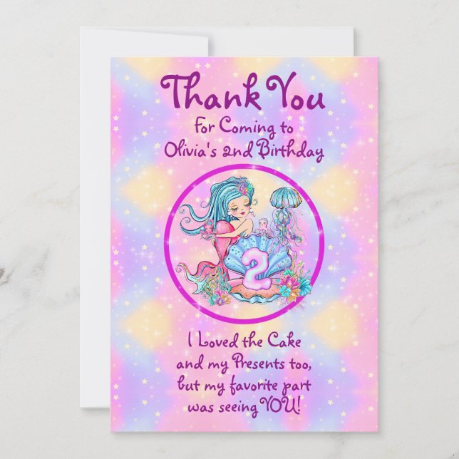 Carte De Remerciements Mermaid 2e anniversaire Modifier Modifier le texte (Devant)