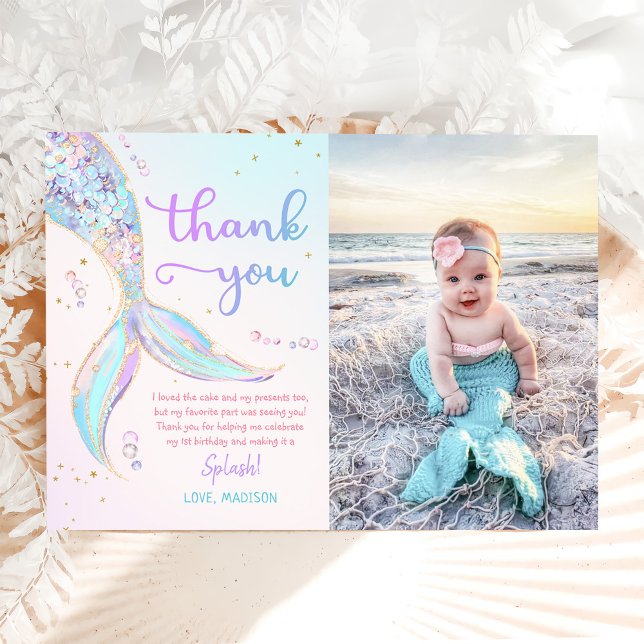 Carte De Remerciements Mermaid Summer Pool 1ère fête d'anniversaire Photo (Créateur téléchargé)