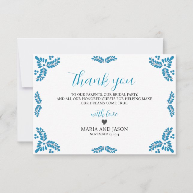 Carte De Remerciements Mexican Talavera Turquoise Minimalist Wedding (Devant)