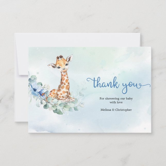 Carte De Remerciements Mignon bébé girafe mâle fleurs bleues eucalyptus (Devant)
