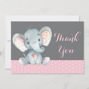 Carte De Remerciements Mignon Éléphant Bébé Fille Rose et Gris