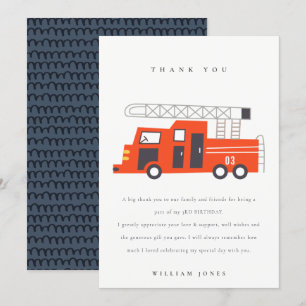 Carte De Remerciements Mignon Moteur de Camion de Pompiers Rouge Enfants 