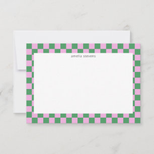 Carte De Remerciements Mignon Vérificateur à Carreaux Rose Vert Nom Géomé