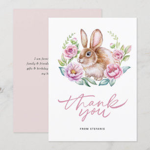 Carte De Remerciements Mignonne lapin couleur Watecolor et fleurs roses W
