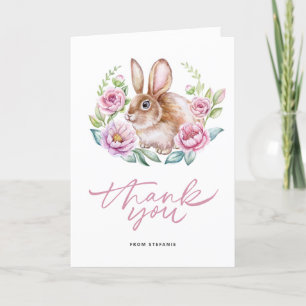 Carte De Remerciements Mignonne lapin couleur Watecolor et fleurs roses W