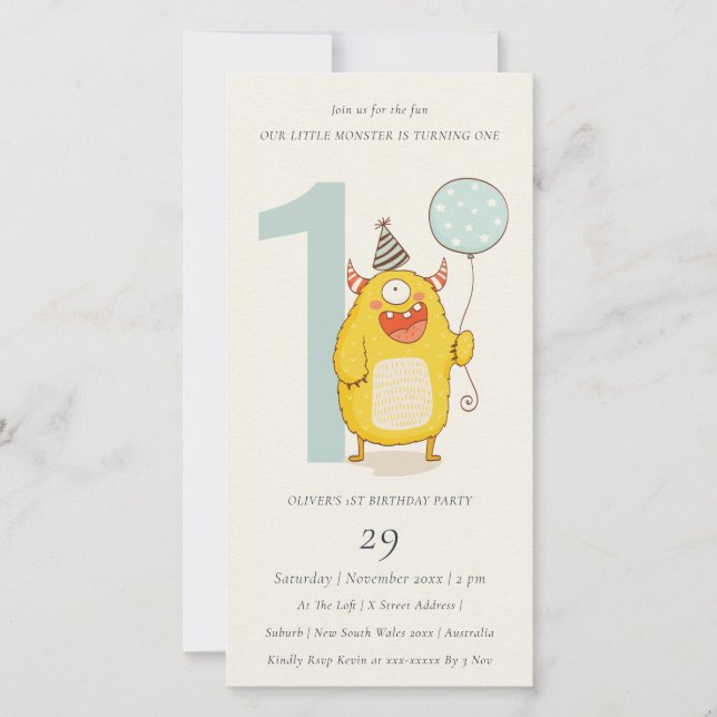 Carte De Remerciements Mignonne Petit Monstre Jaune N'Importe Quel Âge An (Devant)
