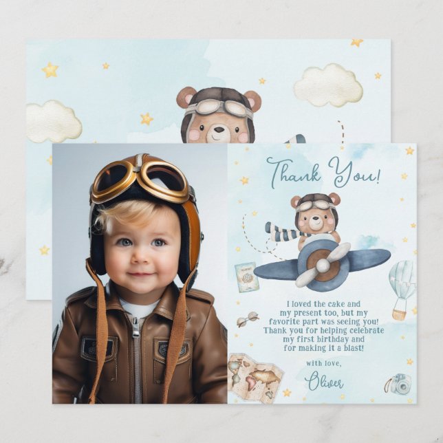 Carte De Remerciements Mignonne pilote Teddy Bear Blue Plane Anniversaire (Devant / Derrière)
