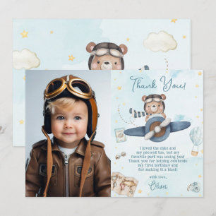 Carte De Remerciements Mignonne pilote Teddy Bear Blue Plane Anniversaire