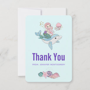 Carte De Remerciements Mignonne sirène chevauchant un dauphin sous la mer