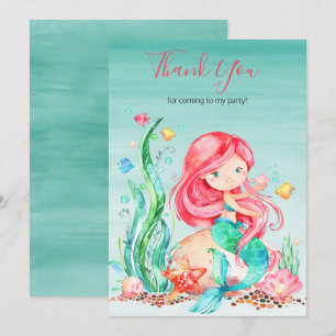Carte De Remerciements Mignonne sirène d'aquarelle sous la mer Anniversai
