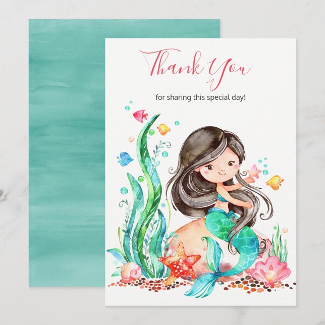 Carte De Remerciements Mignonne sirène d'aquarelle sous le Baby shower ma (Devant / Derrière)