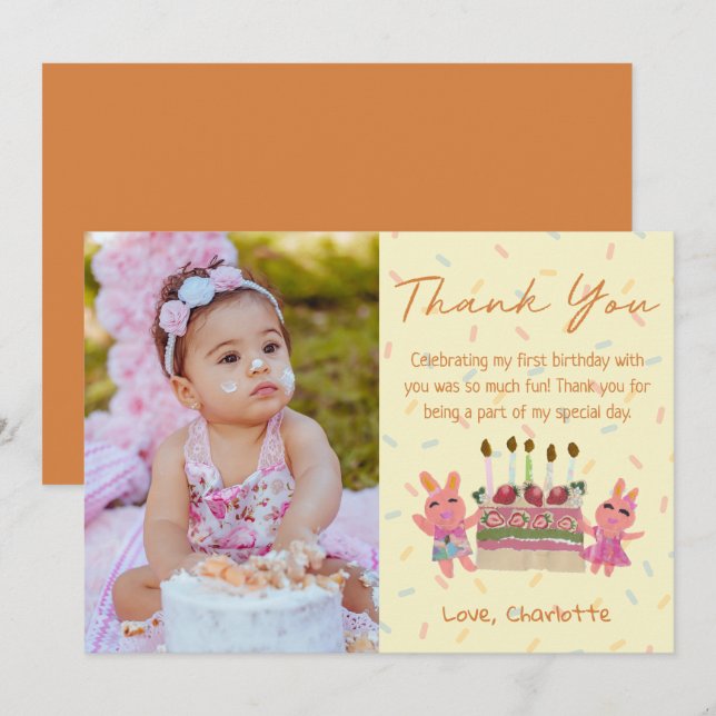 Carte De Remerciements Mignons lapins avec gâteau jaune Anniversaire de e (Devant / Derrière)