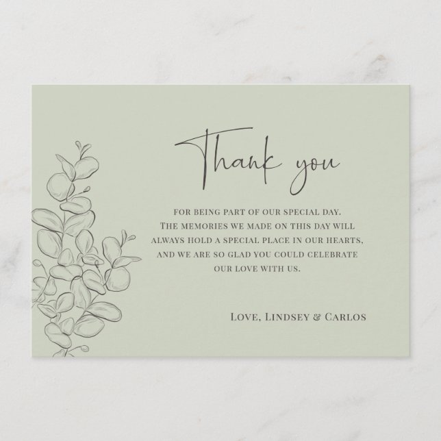 Carte De Remerciements Minimalist handdrawn leaves green script wedding (Devant)