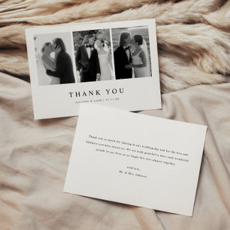 Carte De Remerciements Minimalistic 3-Photo Black & White Wedding