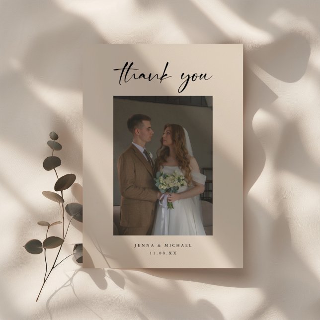 Carte De Remerciements Minimalistic Modern Beige Script Wedding Photo (Créateur téléchargé)