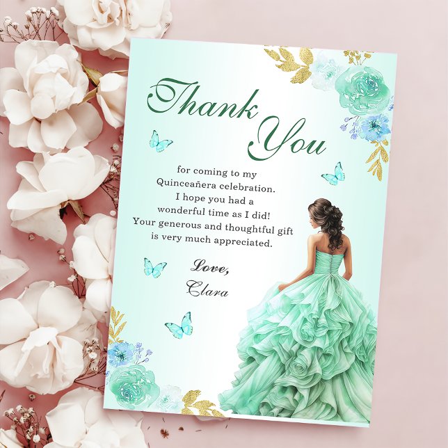 Carte De Remerciements Mint Green Princess Robe Quinceañera Anniversaire (Créateur téléchargé)