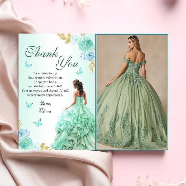 Carte De Remerciements Mint Green Princess Robe Quinceañera Anniversaire (Créateur téléchargé)