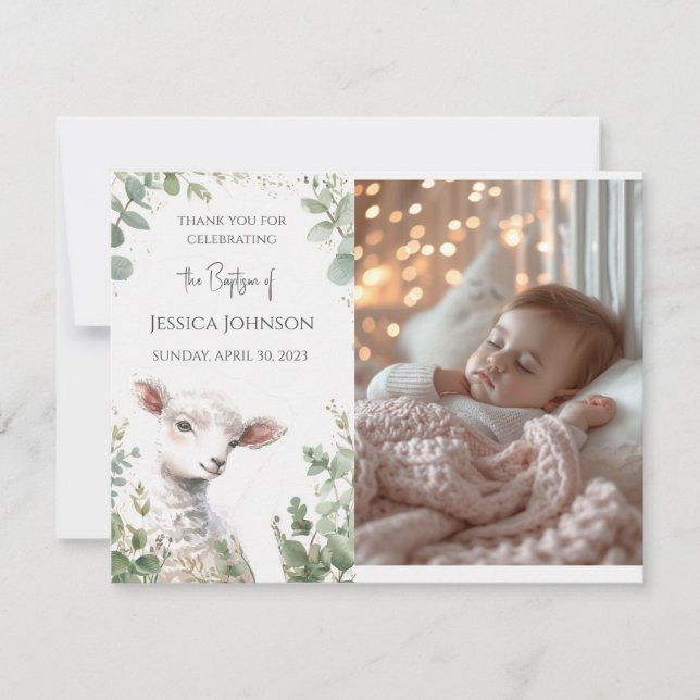 Carte De Remerciements Minuscule agneau de bébé et baptême d'Eucalyptus (Devant)