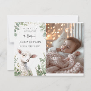 Carte De Remerciements Minuscule agneau de bébé et baptême d'Eucalyptus