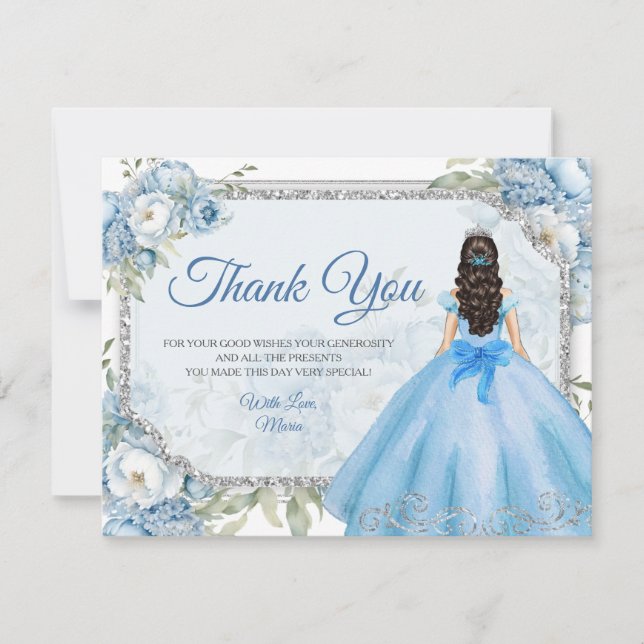 Carte De Remerciements Mis Quince Bleu Floral Argent Couronne Quinceañera (Devant)