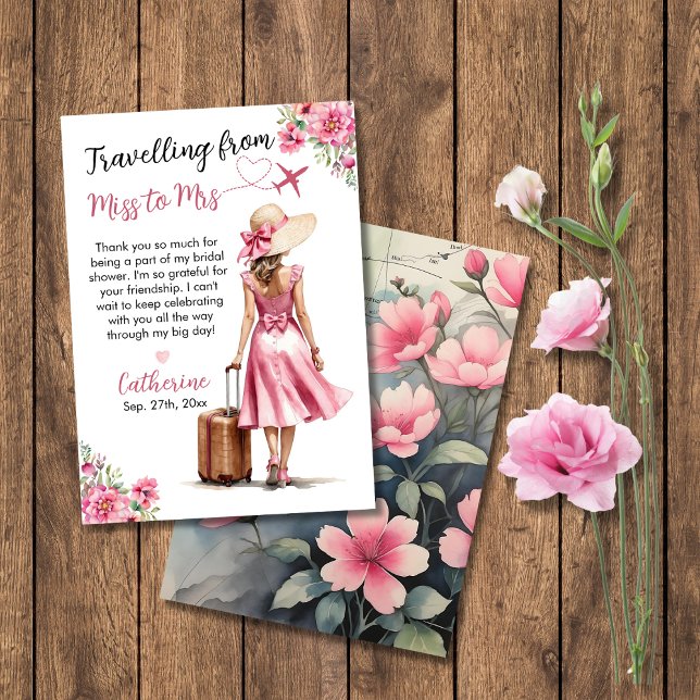 Carte De Remerciements Mlle à Mme Voyage Robe Rose Pastel Shower de Maria (Créateur téléchargé)
