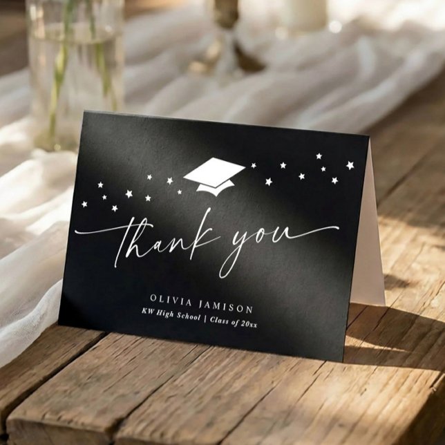 Carte De Remerciements Modern Black and White Folded Graduation (Black and white graduation thank you folded card with script and star accents)