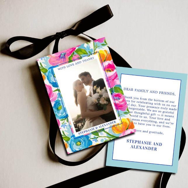 Carte De Remerciements Modern Bold Bright Colorful Floral Photo Wedding (Créateur téléchargé)